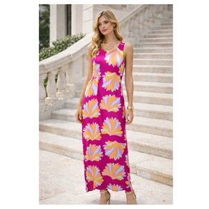 Annie Griffin 100% silk maxi floral sleeveless dress Size 6 vibrant beach party‎